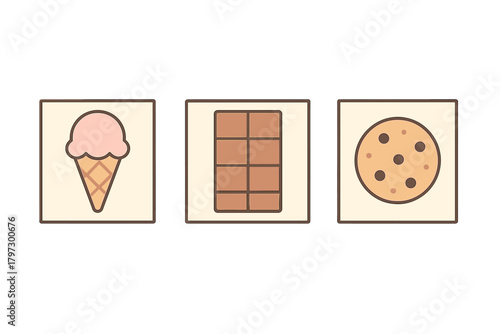 Minimalist set of sweet dessert icons featuring ice cream cone, chocolate bar, and cookie