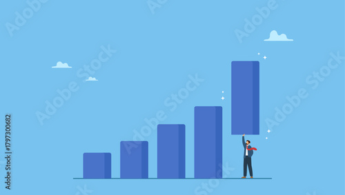 Confident businessman help lift up bar graph to new high level. Growth or improvement, increase sales or revenue raising, growing business or develop marketing plan to help gain more profit.