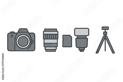 Professional photography equipment set with camera lens flash and tripod