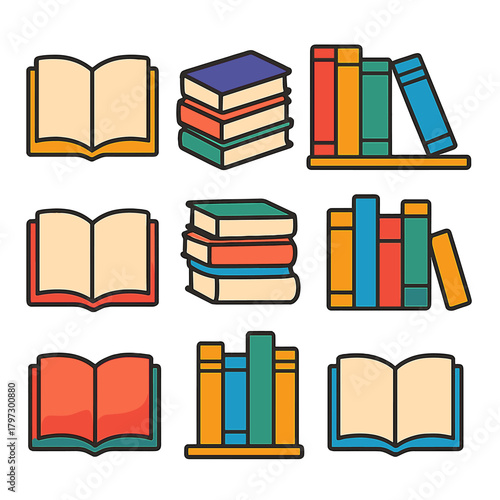 Colorful collection of reading and education icons featuring open books, stacked volumes, and library shelves