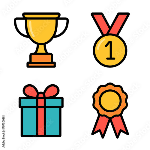 Golden trophy, first place medal, gift box, and award rosette symbols for success