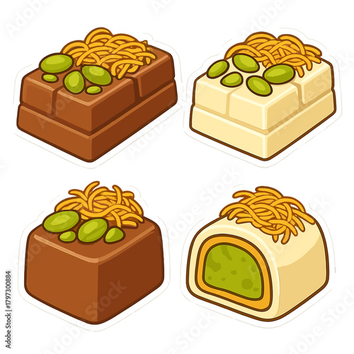 Delicious set of traditional Middle Eastern sweets decorated with pistachios and shredded dough