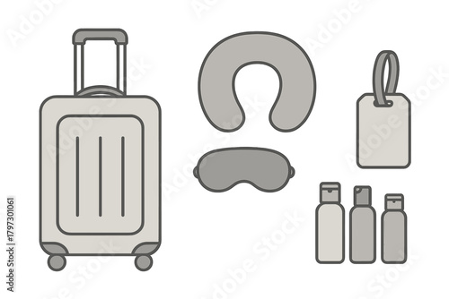 Travel accessories set including suitcase, neck pillow, sleep mask, and toiletry bottles