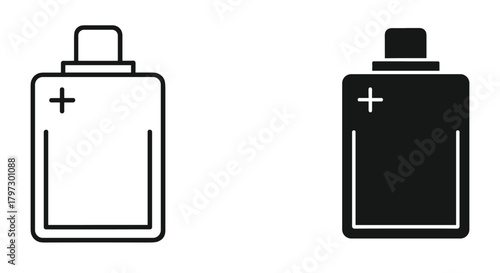Battery icon set, outline and filled versions with plus sign, symbolizing power, energy, and electrical charge.