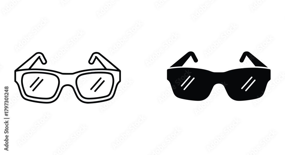 Fototapeta premium Outline and solid black sunglasses vector icons representing eye protection, fashion, vision correction and style.