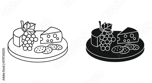 Cheese board with grapes, cheese slices, and crackers icon illustration, outline and solid black styles.