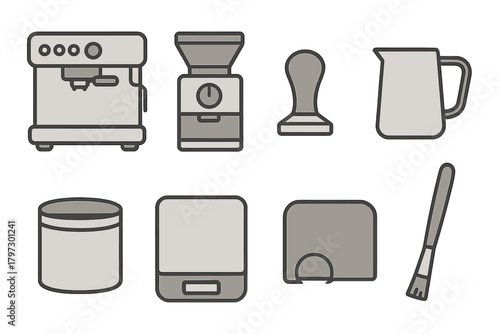 Essential barista equipment set featuring espresso machine, coffee grinder, tamper, and milk pitcher