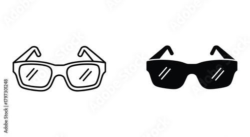 Outline and solid black sunglasses vector icons representing eye protection, fashion, vision correction and style.