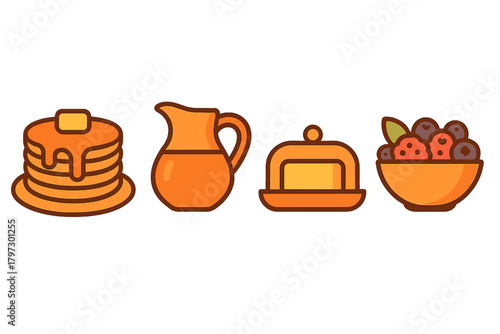 Stack of pancakes with syrup, butter, pitcher, covered dish, and bowl of fresh berries