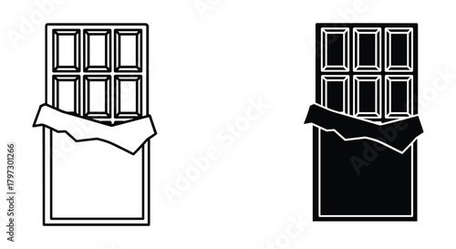 Outline and solid silhouette icons of a partially unwrapped chocolate bar, a sweet dessert confectionery product.