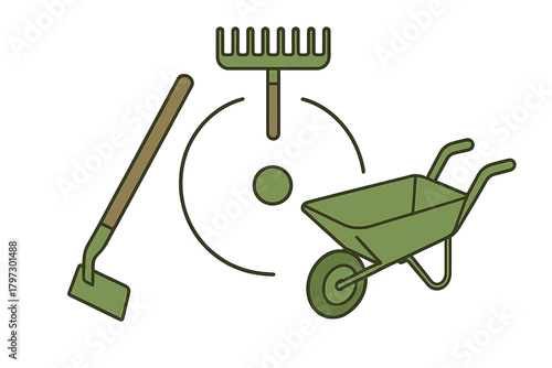 Set of essential gardening tools including a wheelbarrow, hoe, and rake for yard work