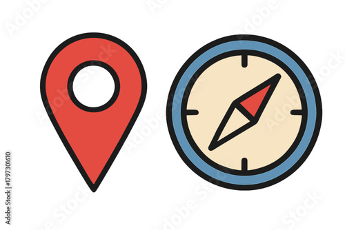 Free Download Essential navigation and location icons featuring a red map pin and magnetic compass - GFXLoad