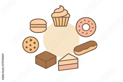 Assortment of pastries and sweet treats arranged around a blank circular copy space