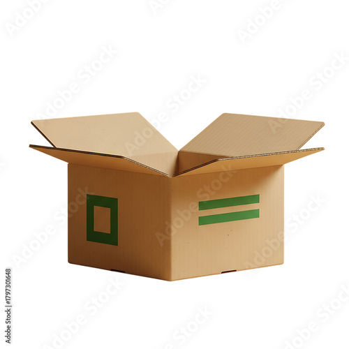 Open cardboard box with green graphics, ready for shipping, delivery, moving, storage
