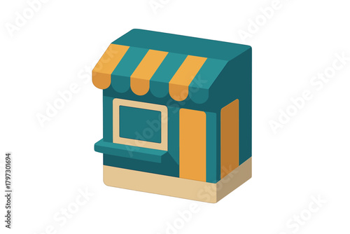 Isometric small shop icon with striped awning and window counter on white background