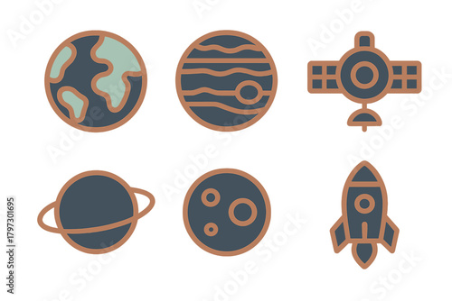 Flat design elements of planets, satellite, and rocket ship for space exploration