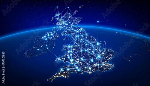 Satellite night view of British Isles with illuminated cities, dark sea, and Earth’s curvature.