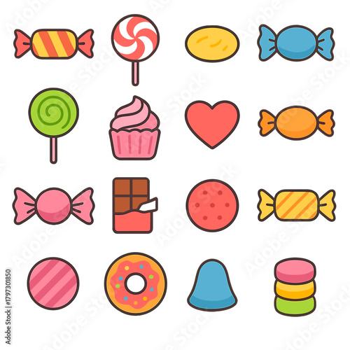 Assorted collection of colorful sweet treats and sugary snacks including candies and desserts