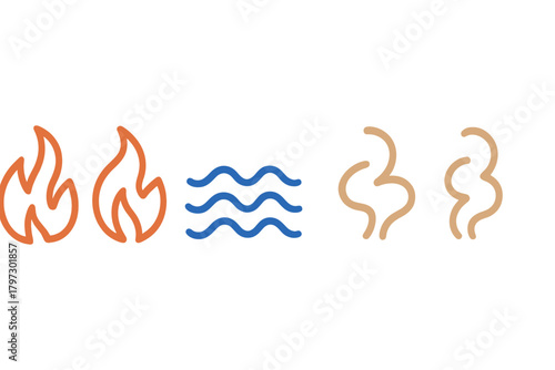 Simple outline icons of fundamental natural elements: fire, water, and vapor