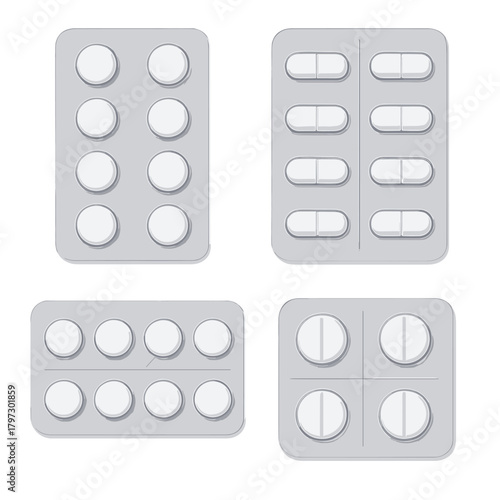 Set of four different blister packs containing white round and oval medical tablets and capsules