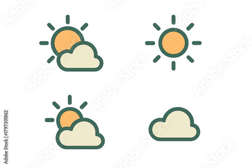 Minimal graphic symbols for weather forecast showing sun, cloud, and partly cloudy conditions