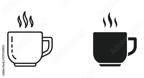 Steaming hot drink cup icon set: outline and filled black mug symbols for coffee tea beverage and more