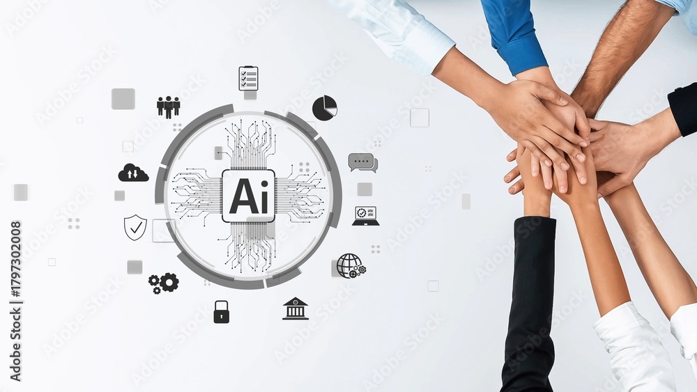 Obraz premium Diverse hands unite around a central theme of artificial intelligence, embodying teamwork and collaboration in a modern business environment with technology symbols. Raster
