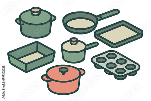 Isometric collection of kitchen tools and baking supplies including pots, pans, and muffin tins