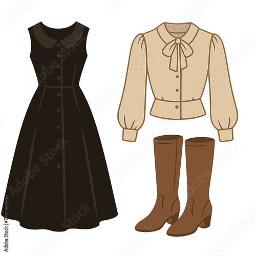 Classic women's fashion ensemble featuring a black dress, beige bow blouse, and brown high boots