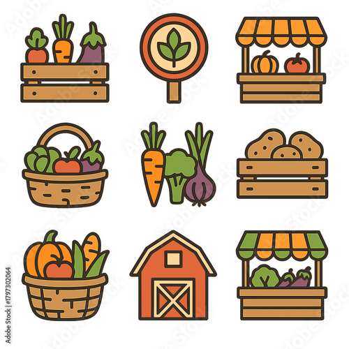 Farm fresh produce and agriculture symbols featuring barn, market stalls, and vegetable crates