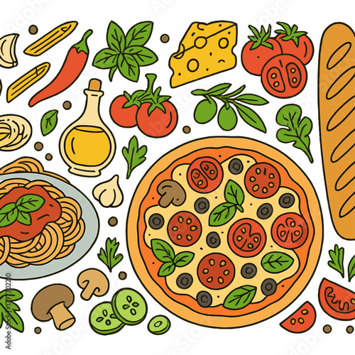 Colorful border design featuring traditional Italian food ingredients and dishes