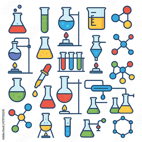 Colorful seamless pattern of chemistry laboratory glassware and molecular icons
