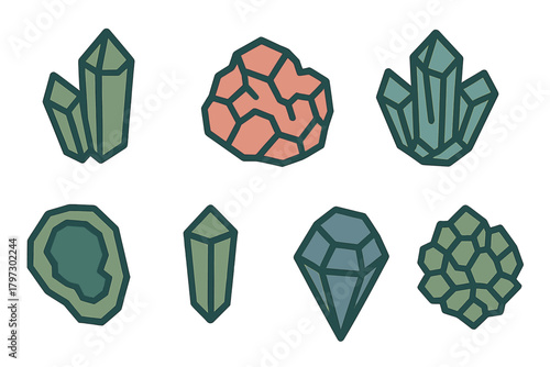 Set of natural gemstones and raw mineral rocks with thick outlines and flat colors