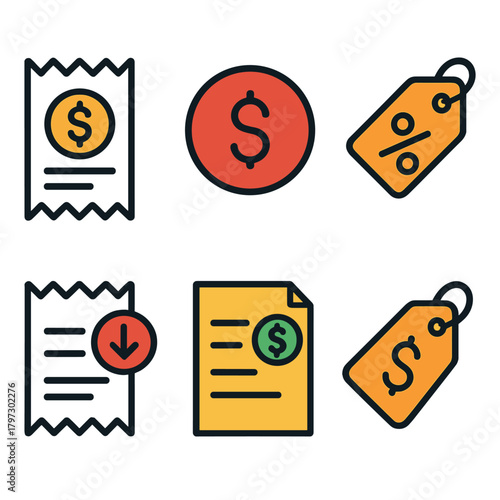 Financial and commerce icons featuring receipts, dollar signs, and price tags
