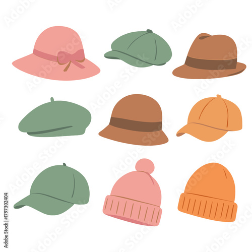 Collection of nine different colorful headwear items including sun hat, beanie, baseball cap, and fedora