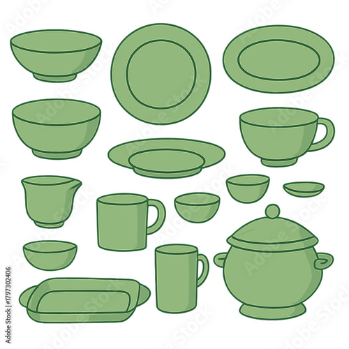Assortment of green ceramic tableware set featuring plates bowls mugs and serving dishes
