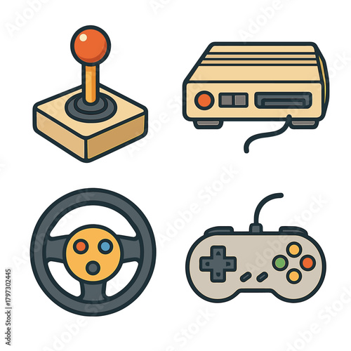 Set of four vintage gaming devices including a console joystick gamepad and racing wheel
