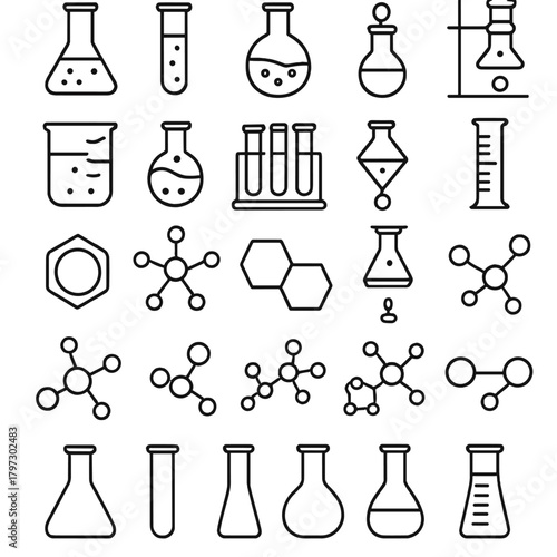 Outline icons of chemistry laboratory equipment and molecular structures for science education