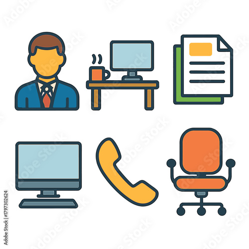 Professional business icons set with worker, desk, computer monitor, paperwork, telephone receiver, and swivel chair