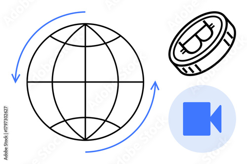 Globe with arrows indicating worldwide rotation, Bitcoin coin symbolizing cryptocurrency, camera icon for video communication. Ideal for concepts thumbs up globalization, technology, fintech, remote