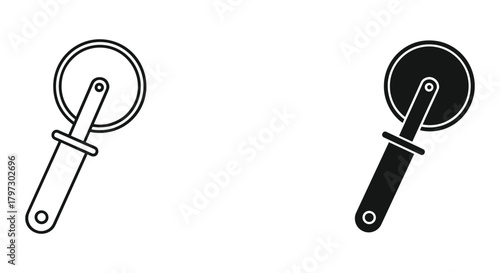 Pizza cutter wheel icon set. kitchen utensil for slicing pizza, dough, and pastry. outline and solid silhouette vector illustration.
