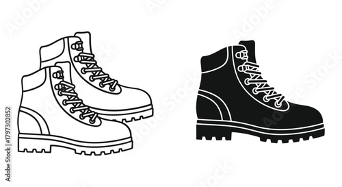 Hiking and work boot outline and silhouette icon vector illustration set for outdoor and safety use