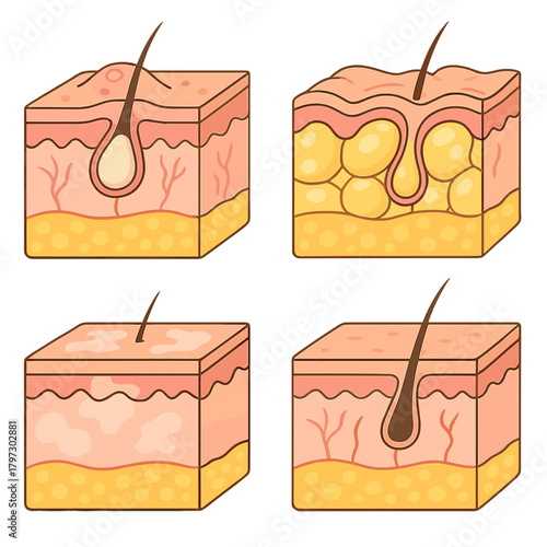 Anatomical cross-sections of human skin layers depicting acne, pimple, cellulite, and hair follicle
