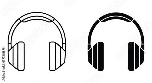 Headphone icon set: minimalist outline and solid design for audio, music, and communication interfaces