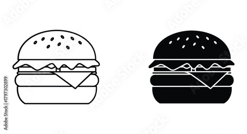 Line and glyph style hamburger icons, illustrating popular fast food item for web, print, and branding projects