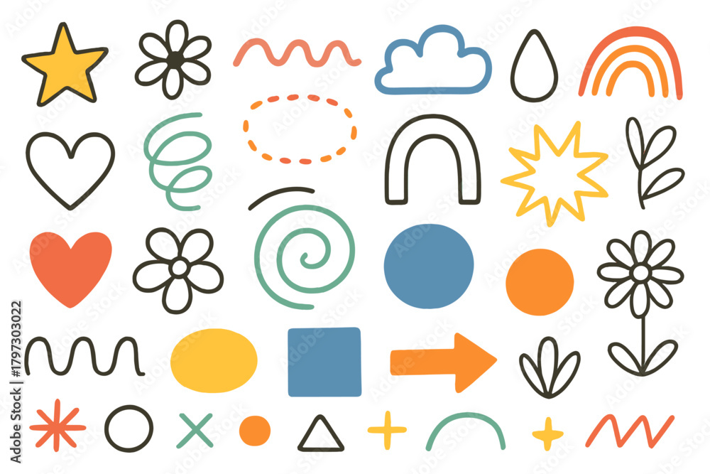 Fototapeta premium Colorful abstract doodle shapes and hand drawn elements for creative graphic design