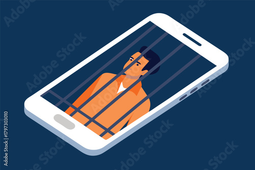 Smartphone depicted as a jail cell, bars imprisoning a person inside the screen, representing digital confinement and tech addiction.