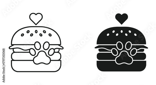 Pet-themed hamburger icon with paw print and heart, presented in outline and solid black vector art for animal lovers and pet food branding.