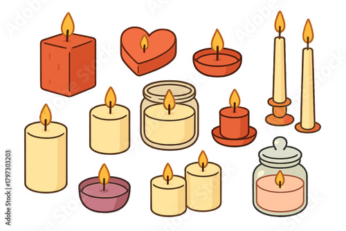 Assortment of lit candles in various shapes and containers like jars, pillars, and heart forms