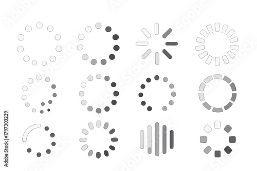 Gray circular loading progress indicator icons for web design and user interface